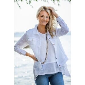 Crown Linen Designs Jessie White Linen Jacket Size XL Fringe Button Preppy